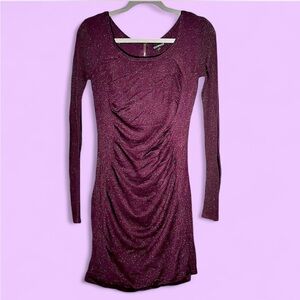 Express Purple Ruched Long Sleeve Bodycon Dress with Glitter Sparkle